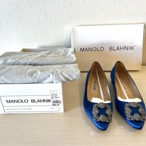 Manolo Blahnik Hangisi Crystal Buckle Flat in Blue Satin